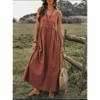 Rust-colored sleeveless maxi dress.