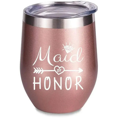 Rose gold tumbler with ’Maid of Honor’ design.