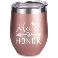Rose gold tumbler with ’Maid of Honor’ design.