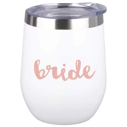 White insulated wine tumbler with ’bride’ text.