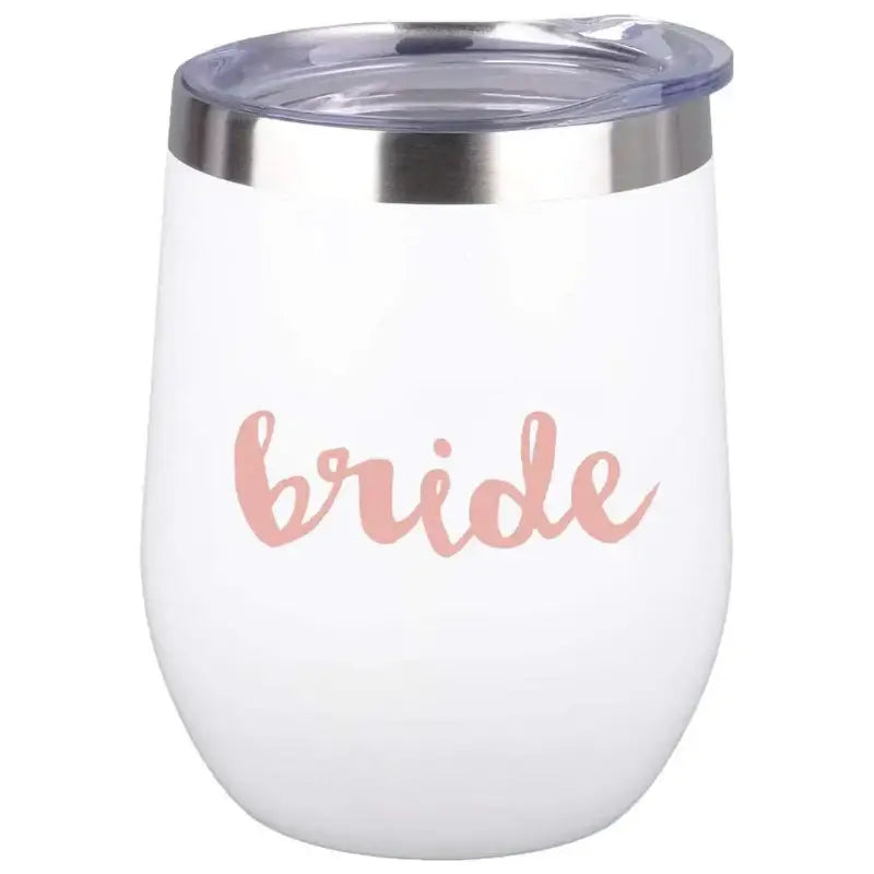 White insulated wine tumbler with ’bride’ text.