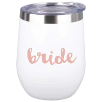 White insulated wine tumbler with ’bride’ text.
