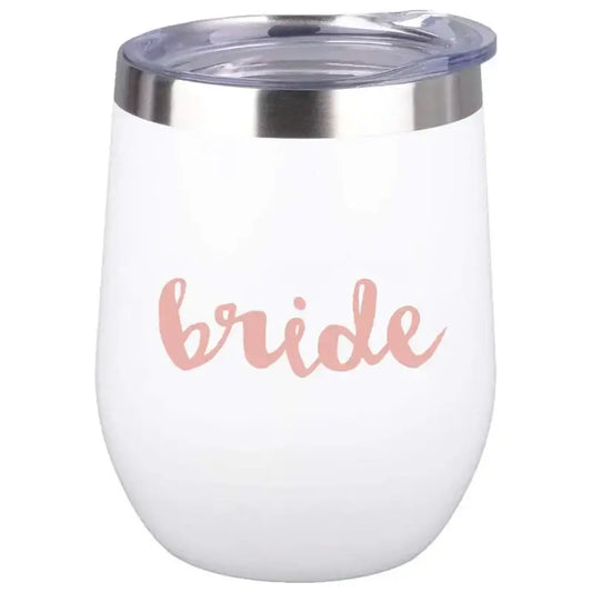 White insulated wine tumbler with ’bride’ text.