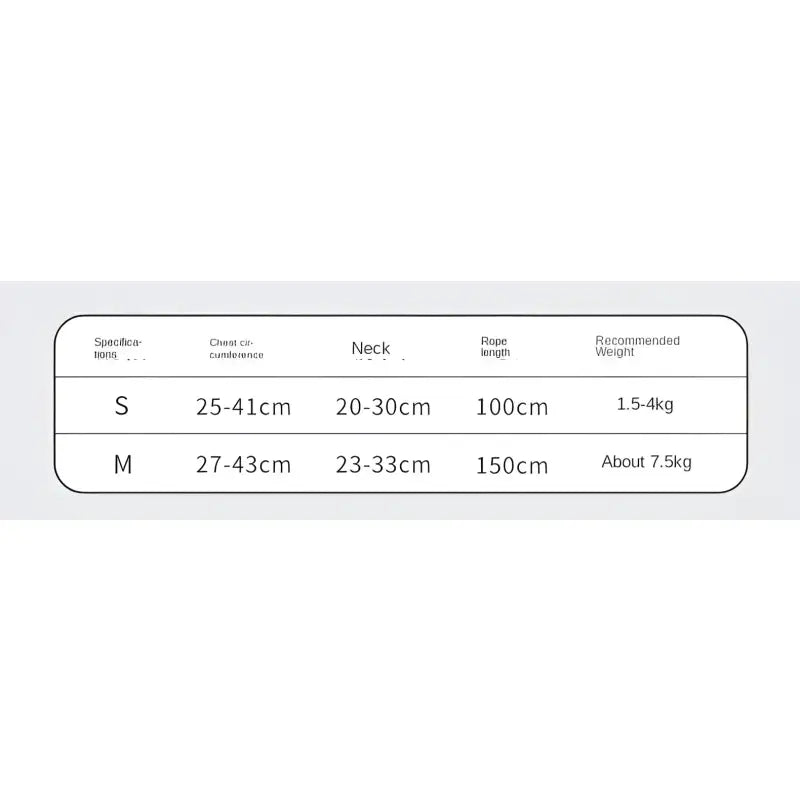 Size chart for pet apparel.
