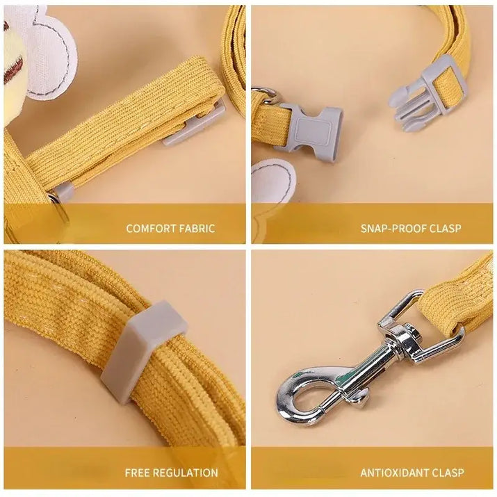 Yellow pet harness with adjustable straps and metal clasp.