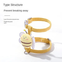 Yellow pet harness with bee decoration.