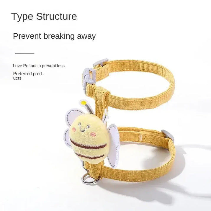 Yellow pet harness with bee decoration.