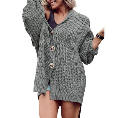 Women's Lapel Pocket Knitted Button Mid-length Coat Cardigan