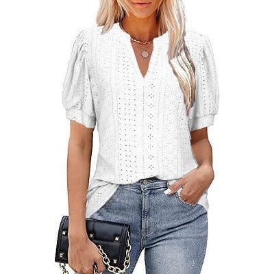 white V-neck Solid Color Hollow Bubble Sleeve Loose T-shirt