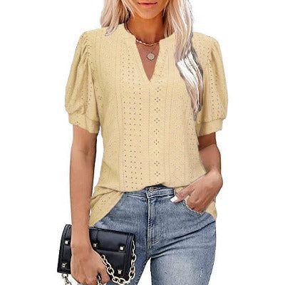 yellow V-neck Solid Color Hollow Bubble Sleeve Loose T-shirt