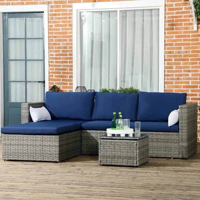 Gray wicker outdoor sectional sofa with blue cushions, perfect 3 piece patio furniture set