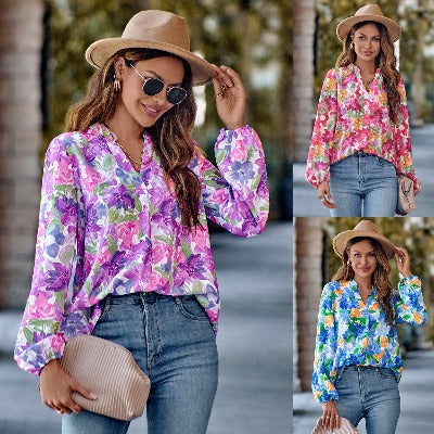 V-neck Fashion Printed Blouse