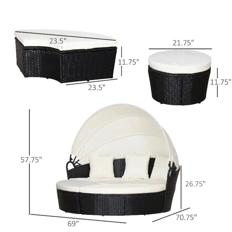 Outdoor wicker round patio daybed with dimensions showing a stylish round chair design