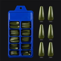 Olive green coffin-shaped false nails.