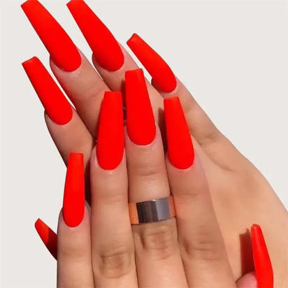 Bright red matte coffin nails.
