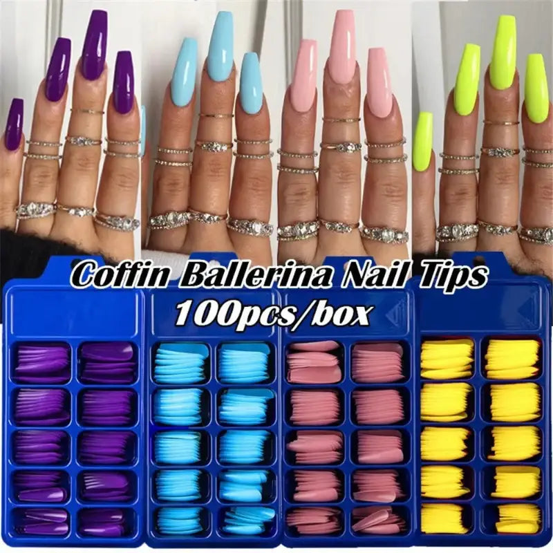 Colorful coffin ballerina nail tips.