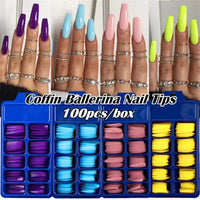 Colorful coffin ballerina nail tips.