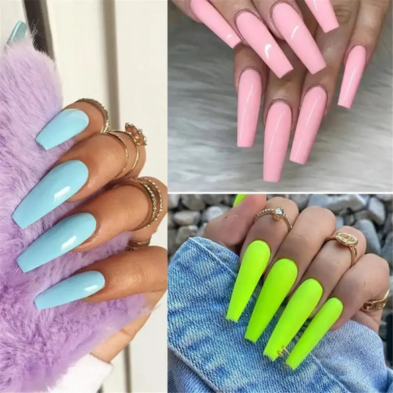 Colorful coffin-shaped manicured nails.
