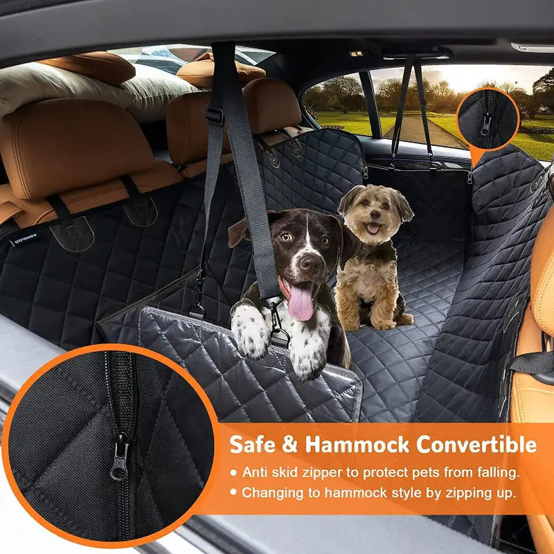 Quilted car seat cover with dogs.