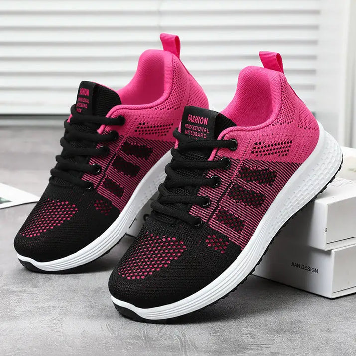 Pink and black athletic shoes.