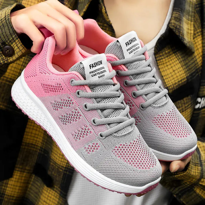 Pink and gray athletic shoes.