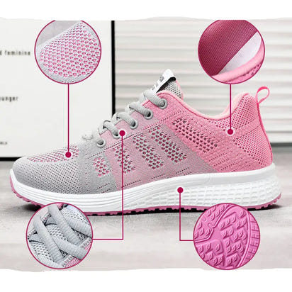Pink and gray athletic shoe.