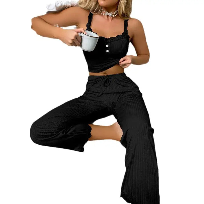 Black ribbed pajama set.