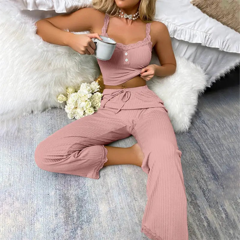Pink ribbed pajama set.