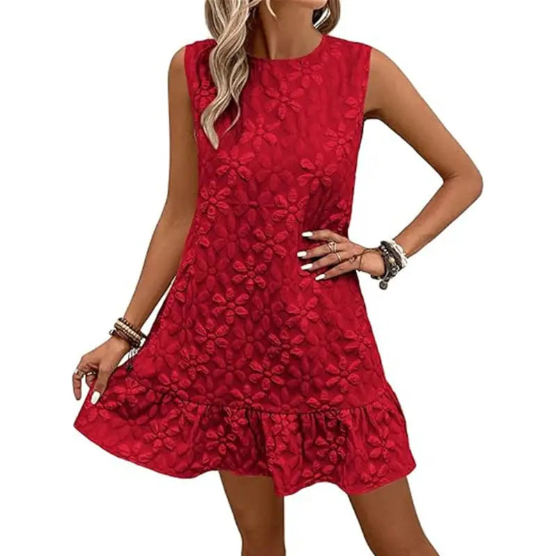 Red floral lace sleeveless dress.