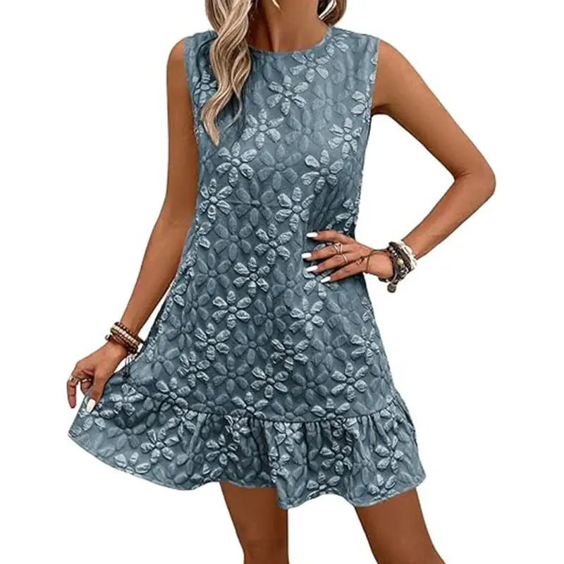 Blue floral sleeveless dress.