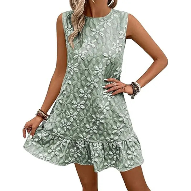Green floral sleeveless dress.