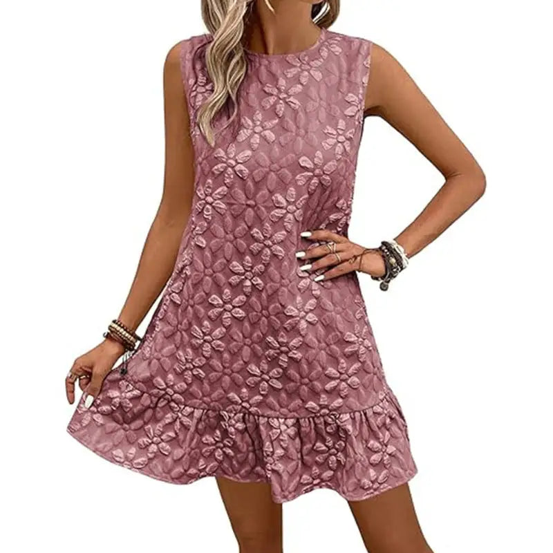 Mauve floral lace sleeveless dress.