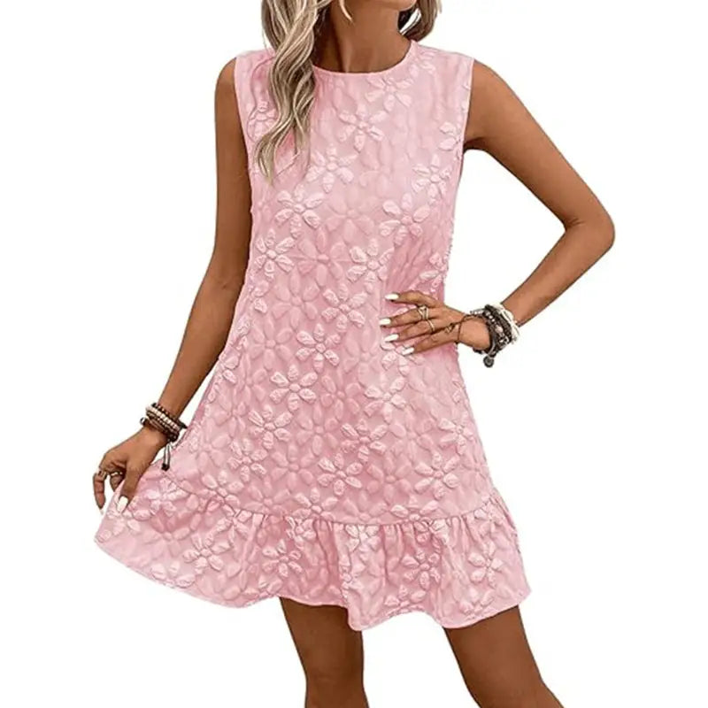 Pink floral sleeveless dress.