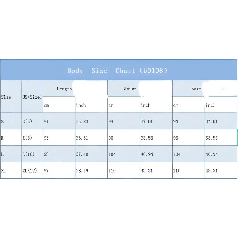 Clothing size chart.