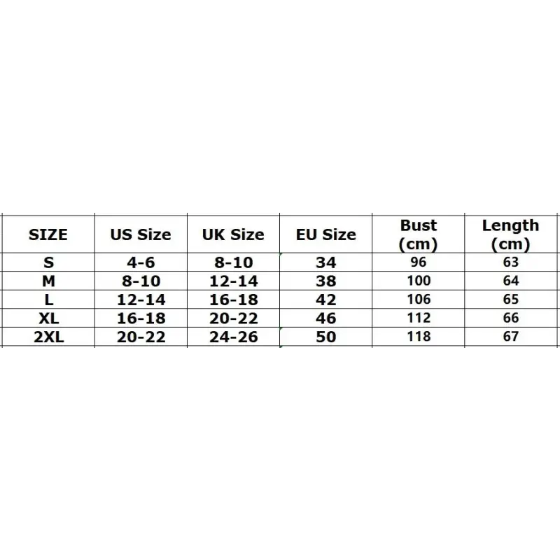 Clothing size chart.