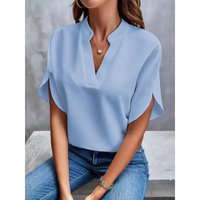 Light blue V-neck blouse.