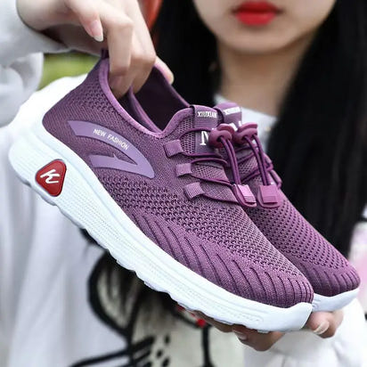 Purple knit athletic shoes.