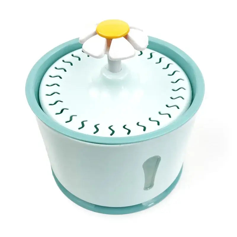 Light blue pet water fountain with daisy.