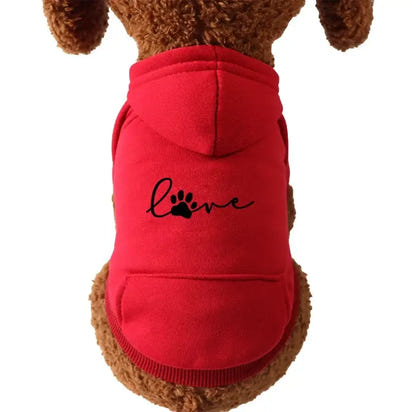 Red dog hoodie with ’love’ paw print.