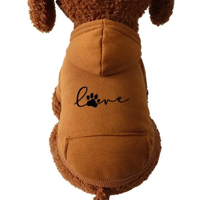 Brown dog hoodie with ’love’ paw print.