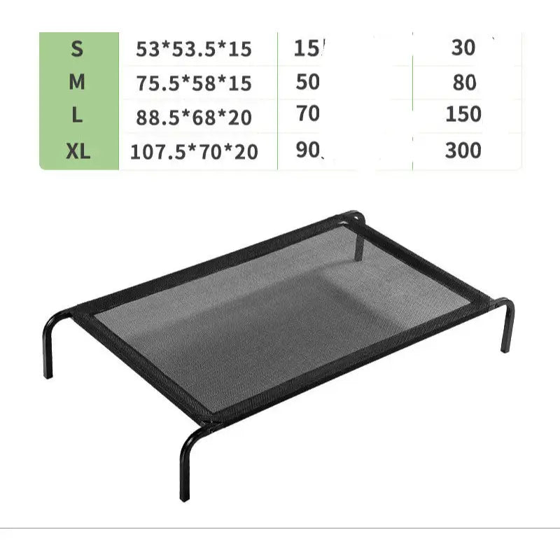 Elevated mesh kennel dog bed with size chart for large furry friends durable comfort