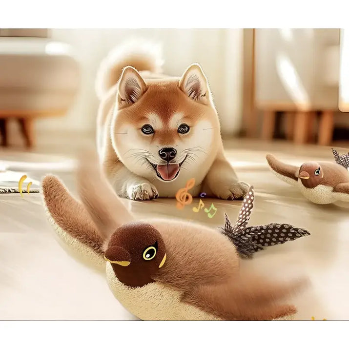 Smiling Shiba Inu with colorful cat moving bird toy for playful pet fun