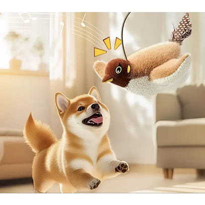Shiba Inu puppy playing with the Cat Moving Bird toy, a fun moving bird toy for pets