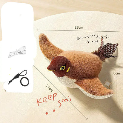 Brown and white plush cat moving bird toy for playful feline entertainment