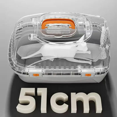 Transparent pet carrier with orange handle for easy transport, ideal cat portable carrer