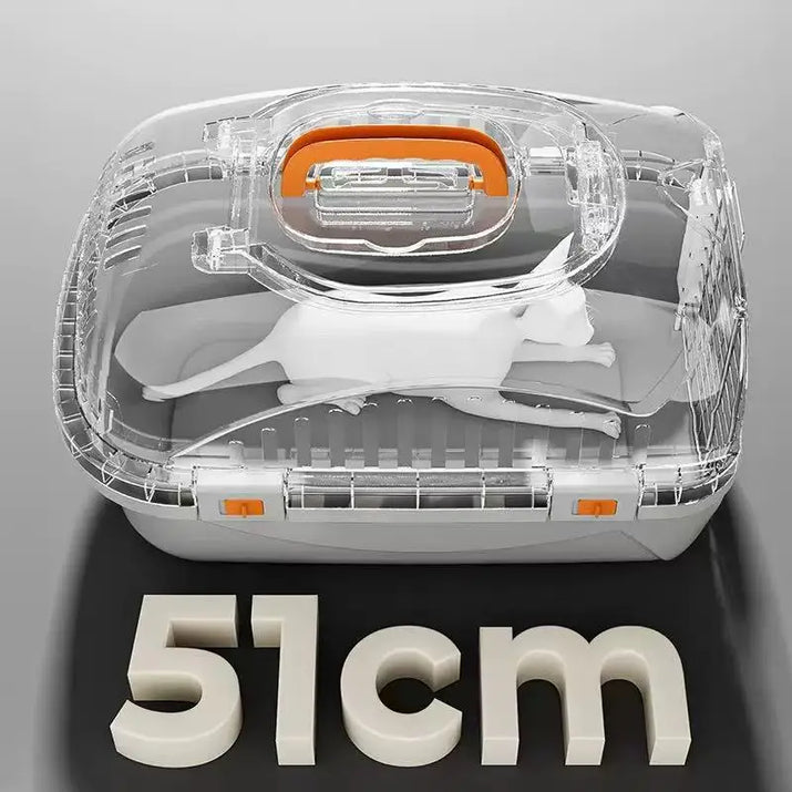 Transparent pet carrier with orange handle for easy transport, ideal cat portable carrer