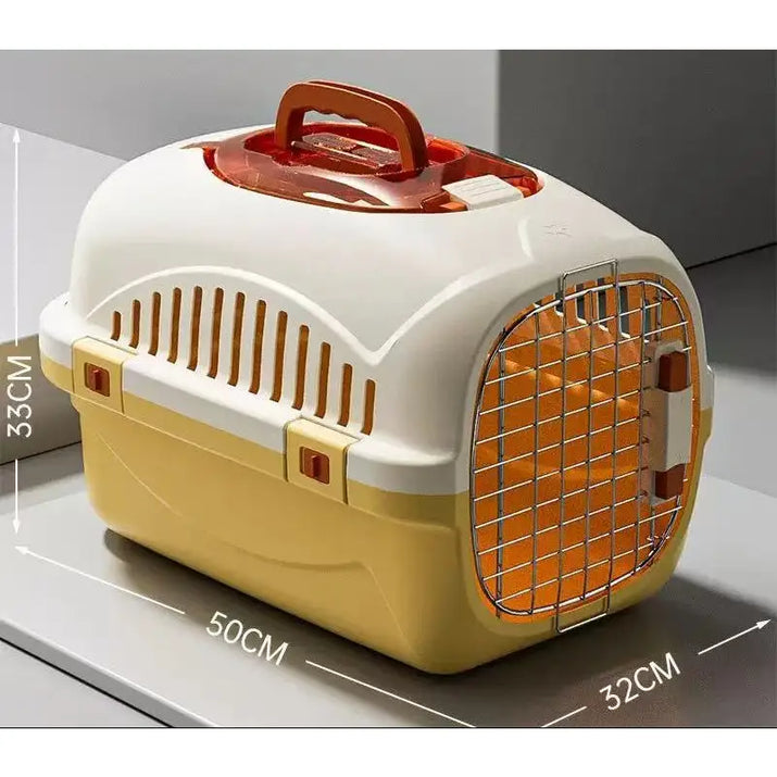 Yellow and white Cat Portable Carrier with dimensions, ideal for portable carrier travel