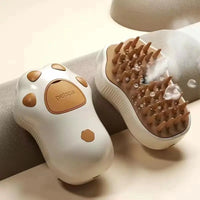Paw-shaped pet shampoo brushes for cats displayed with Cat Spray Comb and spray comb use
