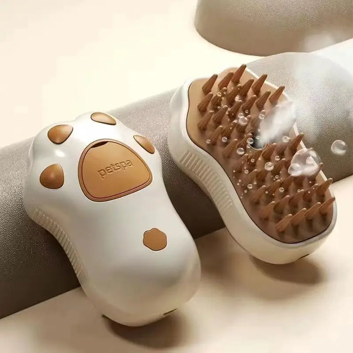 Paw-shaped pet shampoo brushes for cats displayed with Cat Spray Comb and spray comb use