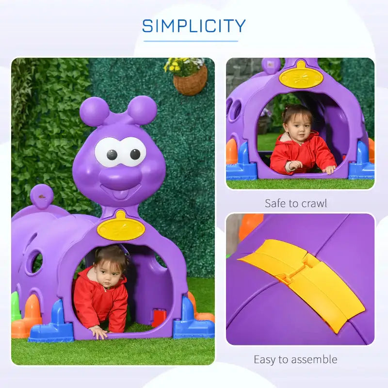 Purple caterpillar design tunnel for kids featuring a fun caterpillar design tunnel